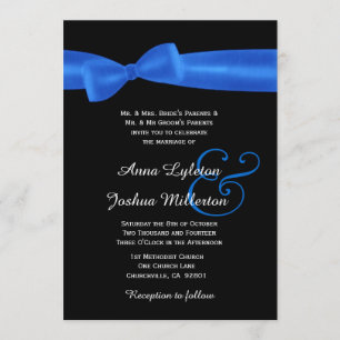 ROYAL BLUE Faux Satin Bow Black Elegant Wedding Invitation