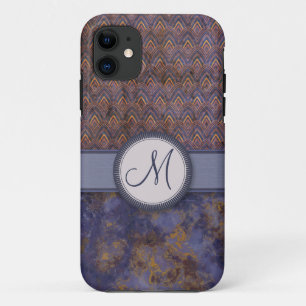 Royal Blue Feather Pattern with Monogram iPhone 11 Case