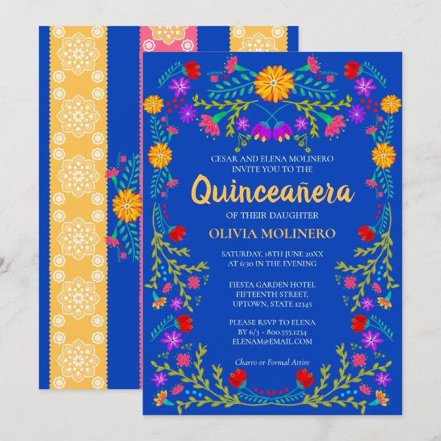 Royal Blue Fiesta Party Mexican Quinceanera Invitation (Front/Back)
