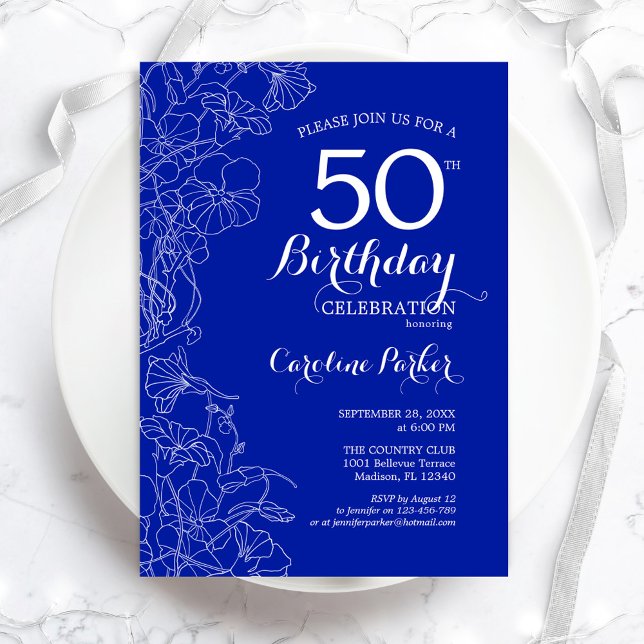 Royal Blue Floral 50th Birthday Party Invitation (Creator Uploaded)