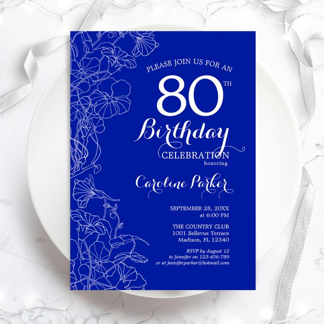 Royal Blue Floral 80th Birthday Party Invitation (Creator Uploaded)