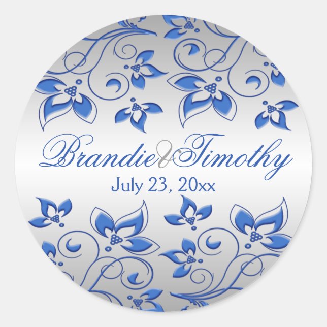 Royal Blue Floral and Silver 1.5" Round Sticker (Front)