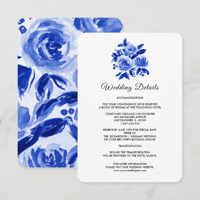 Royal Blue Floral Aquarelle Mariage Détails Cartes (Devant / Derrière)