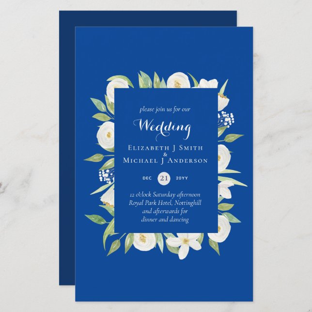 Royal Blue Floral Budget Wedding Invite A9 (Front/Back)