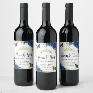 Royal Blue Floral Butterflies Quinceañera Favour  Wine Label