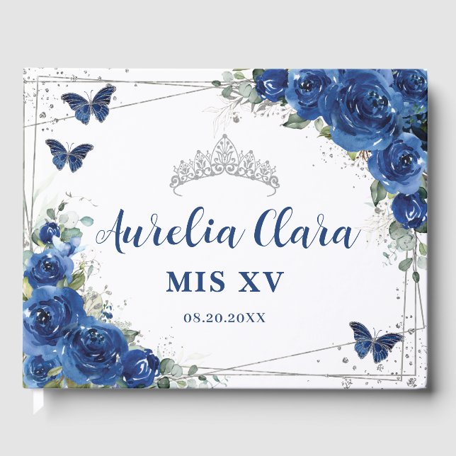 Royal Blue Floral Butterflies QUINCEAÑERA Mis XV  Guest Book (Front)