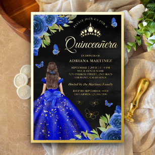 Royal Blue Floral Butterfly Black Quinceanera Gold