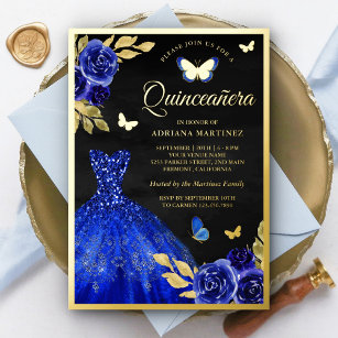 Royal Blue Floral Butterfly Black Quinceanera Gold