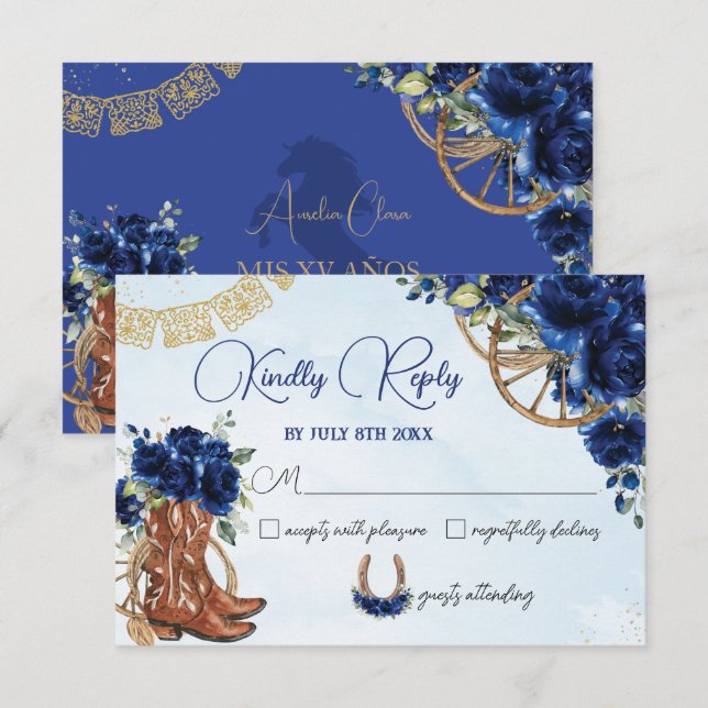 Royal Blue Floral Charro West Quinceañera Réponse (Devant / Derrière)