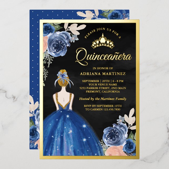 Royal Blue Floral Dress Black Quinceanera Gold (Front/Back)