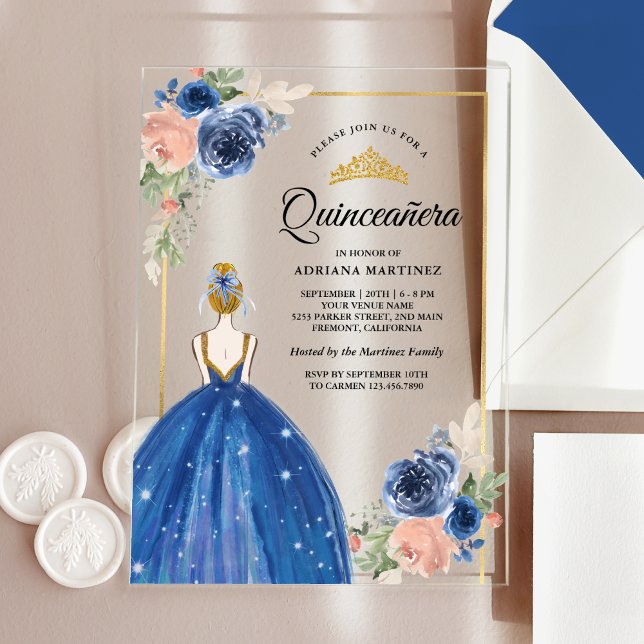 Royal Blue Floral Dress Princess Gold Quinceanera Acrylic Invitations (Creator Uploaded)