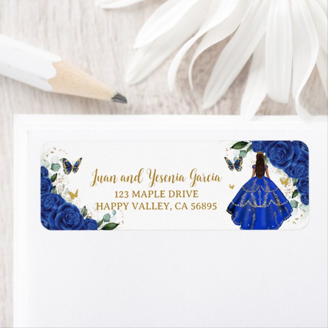 Royal Blue Floral Dress Quinceañera Return Address (Insitu)