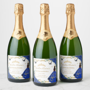 Royal Blue Floral Dress Quinceañera Vintage Gold Sparkling Wine Label