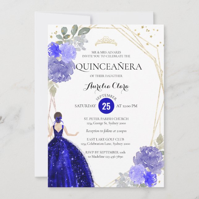 Royal Blue Floral Geometric Photo Quinceañera Invitation (Front)