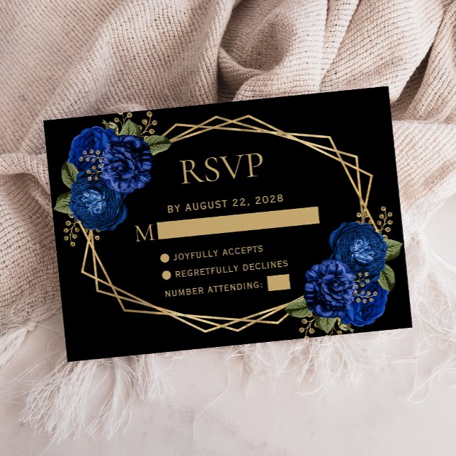 Royal Blue Floral Gold Geo Black Wedding Details RSVP Card (Creator Uploaded)