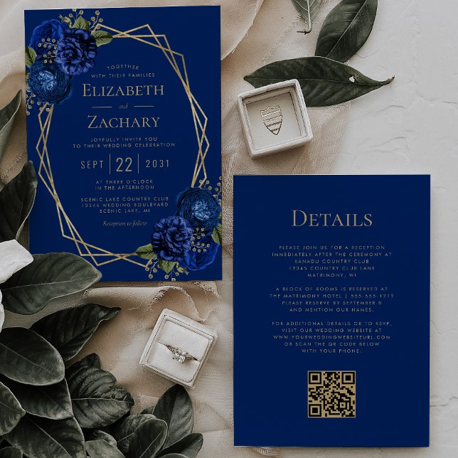 Royal Blue Floral Gold Geometric QR Code Wedding Invitation (Creator Uploaded)