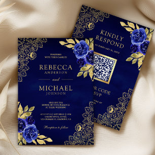 Royal Blue Floral Gold Lace QR Code Wedding Invitation