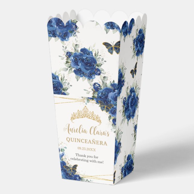 Royal Blue Floral Gold Quinceañera 16 Butterflies Favor Box (Front)
