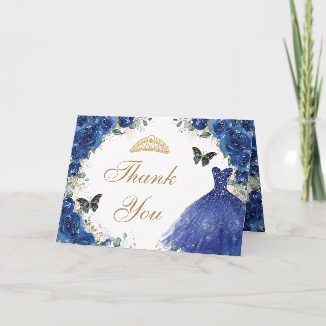 Royal Blue Floral Gold Quinceanera Princess Dress  Thank You Card (Front)