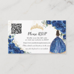 Royal Blue Floral Gold Quinceañera QR Code Enclosure Card