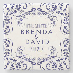 Royal Blue Floral Lace Frame Custom Background Stone Coaster