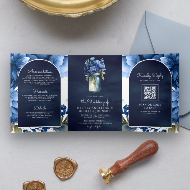 Royal Blue Floral Mason Jar QR Code Navy Wedding Tri-Fold Invitation (Creator Uploaded)