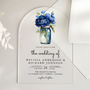 Royal Blue Floral Mason Jar Wedding Acrylic Invitations