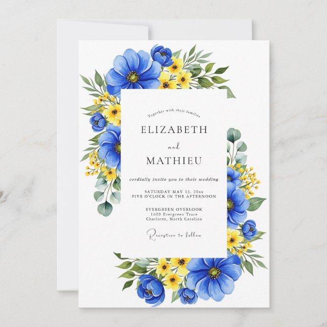 Royal Blue Floral Meadow Wedding Invitation (Front)