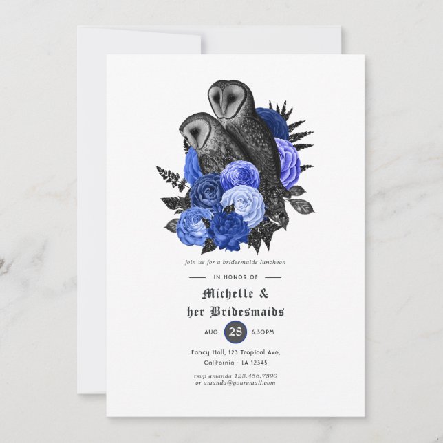 Royal Blue Floral Owls Gothic Bridesmaids Luncheon Invitation (Front)
