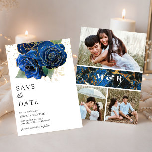 Royal Blue Floral Photo Collage Wedding Save The Date