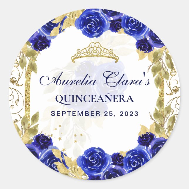 Royal Blue Floral Princess Gold Arch Quinceanera Classic Round Sticker (Front)