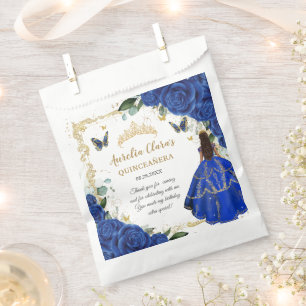 Royal Blue Floral Princess Gold Quinceañera 15 Favour Bag