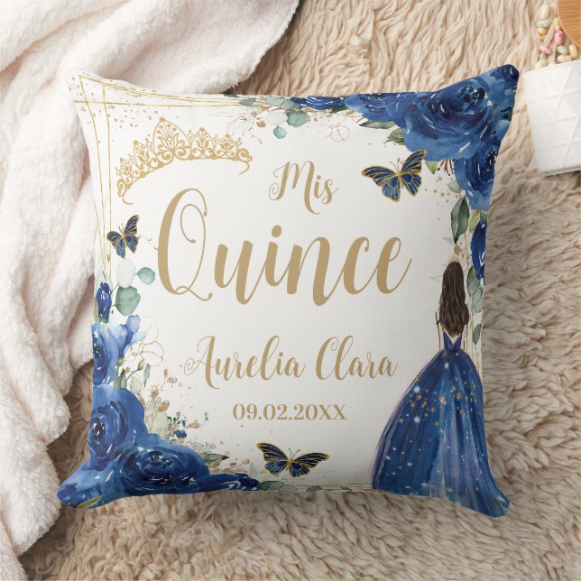 Royal Blue Floral Princess Gold Quinceañera  Throw Pillow (Blanket)