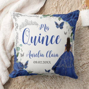 Royal Blue Floral Princess Silver 15 Quinceañera Throw Pillow