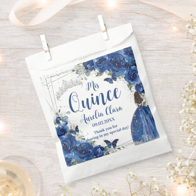 Royal Blue Floral Princess Silver Quinceañera  Favour Bag (Clipped)