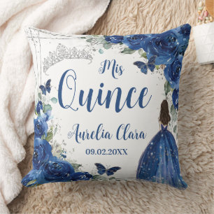 Royal Blue Floral Princess Silver Quinceañera  Throw Pillow
