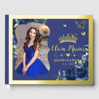 Royal Blue Floral Quinceanera 15 Sweet 16 Photo Guest Book