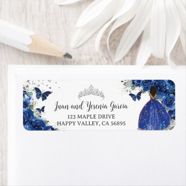 Royal Blue Floral Quinceanera 16 Return Address (Insitu)