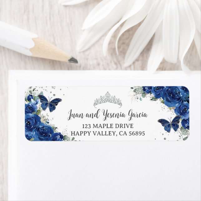 Royal Blue Floral Quinceanera Adresse de retour (En situation)