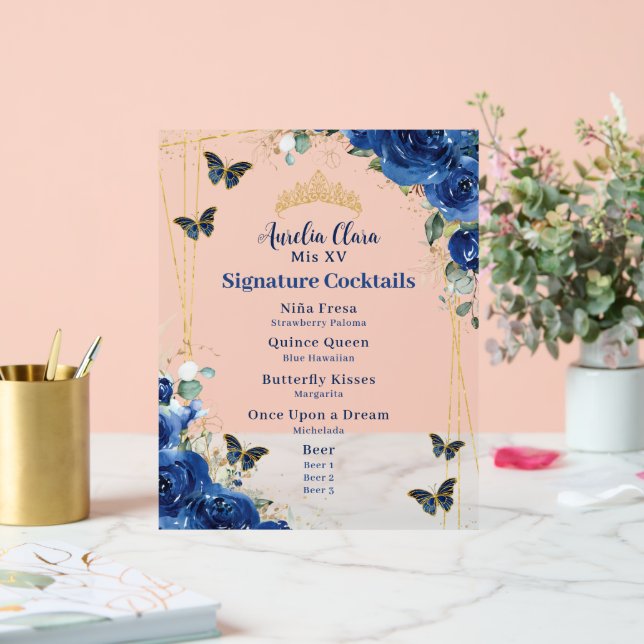Royal Blue Floral Quinceanera Bar Drink Menu Acrylic Sign (Wedding)