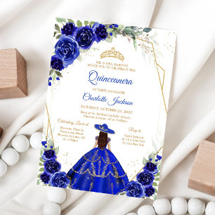 Royal Blue Floral Quinceanera Birthday Invitation