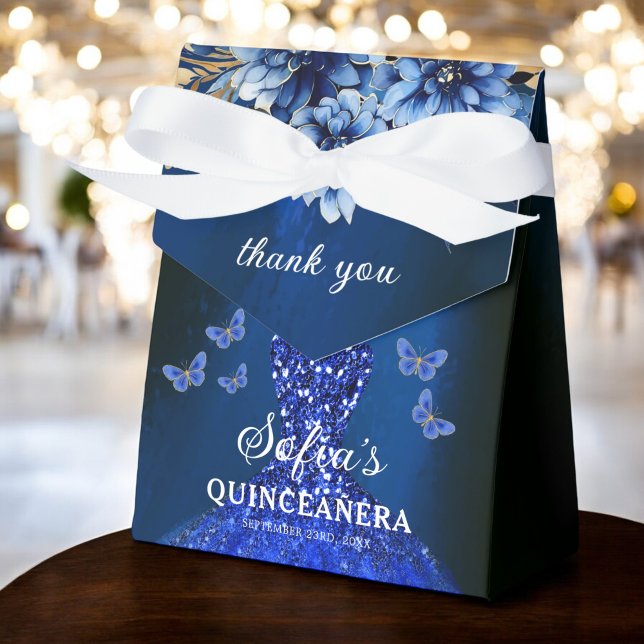 Royal Blue Floral Quinceañera Butterflies Favor Box (Creator Uploaded)