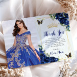Royal Blue Floral Quinceañera Butterflies Picture Thank You Card<br><div class="desc">Personalize this pretty royal blue floral Quinceañera / Sweet 16 birthday picture / photo thank you card easily and quickly. Simply click the customize it further button to edit the texts, change fonts and fonts colours. Featuring vibrant royal blue flowers, butterflies and gold accents. The butterflies and crown are movable,...</div>