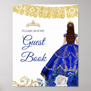Royal Blue Floral Quinceañera Guest Book Sign
