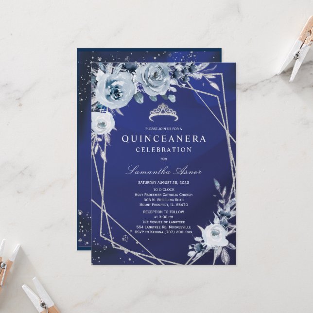Royal Blue Floral Quinceañera Invitation (Front/Back In Situ)
