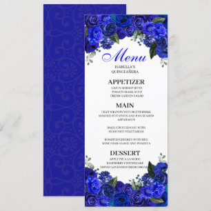 Royal Blue Floral Quinceanera Menu Invitation