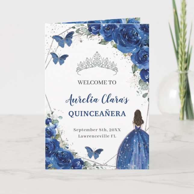 Royal Blue Floral Quinceañera Order of Events Prog Program (Front)