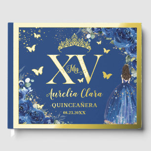Royal Blue Floral Quinceañera Quince 15 XV Gold Guest Book