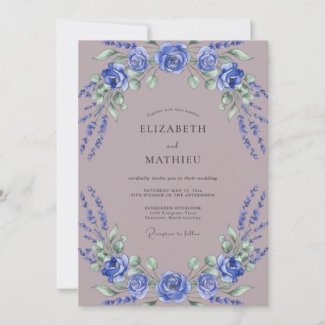 Royal Blue Floral Romantic Wedding Invitation (Front)
