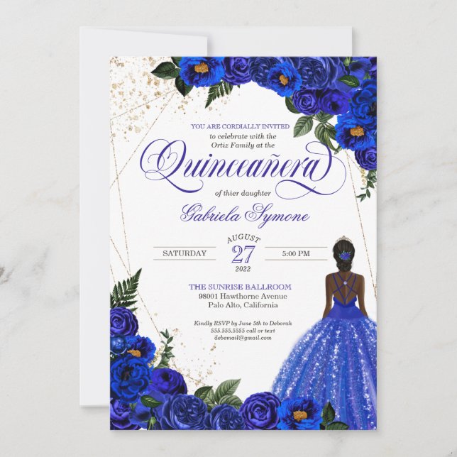Royal Blue Floral Rose & Gold Elegant Quinceañera  Invitation (Front)